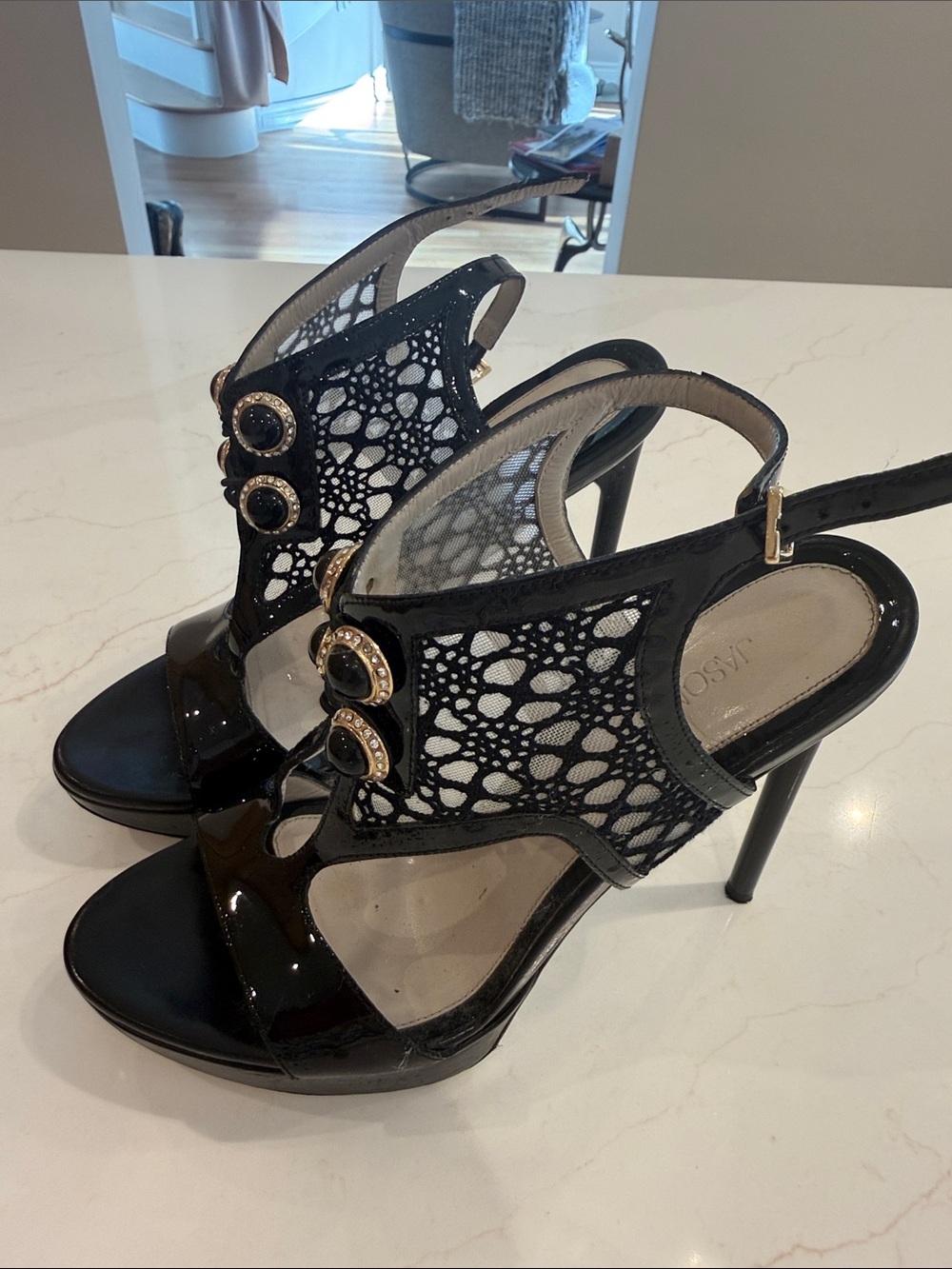 Jason Wu Black Lace & Patent Slingback High Heels with Gold Buckles